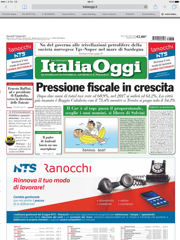 ItaliaOggi 7 giugno 2017 NTS Informatica Ranocchi software